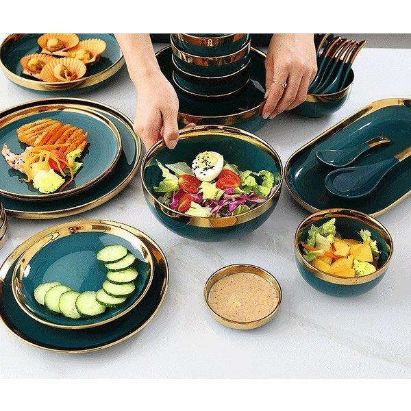 お皿来客用 食器セット ボウル レンゲ 箸 平皿 大皿 グリーン ゴールド 