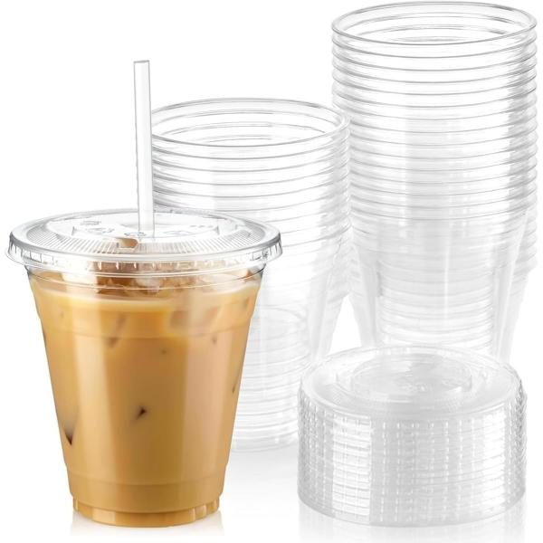 透明度の高い高品質PETカップ、蓋付きとなります。食品衛生法規格基準適合商品です。数量：本体+蓋 100セットストローは付きません。