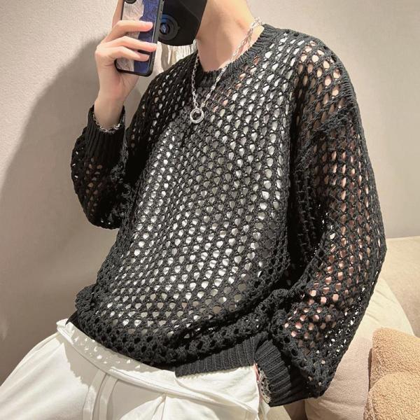 穴あきニットサマー ニット トップス 春夏秋 メッシュニット セーター 長袖 丸首 リブ編み クルーネック 重ね着 レイヤード