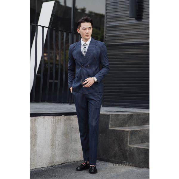 スリーピーススーツ メンズスーツ ストライプ柄 ビジネススーツ セットアップ スリム 就活 ダブル 卒業式 結婚式 卓越 紳士服