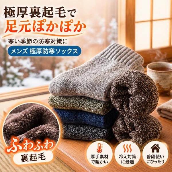 靴下 メンズ ソックス 5足セット 冬用 厚手 極厚 暖かい パイルソックス 防寒 保温 あったか靴下 クルー丈 秋冬 冷え対策 紳士靴下 無地 通勤 通学 室内履き