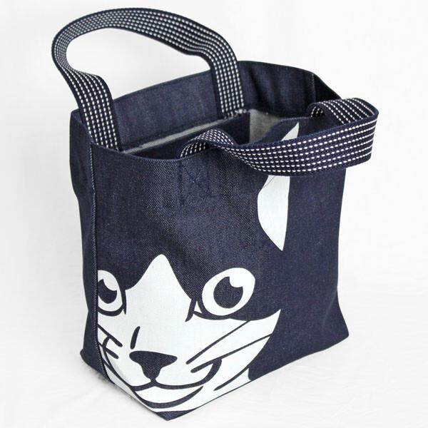 倉敷屋】岡山デニムの日本製ランチトートバッグ デカ顔 犬 猫 うさぎ