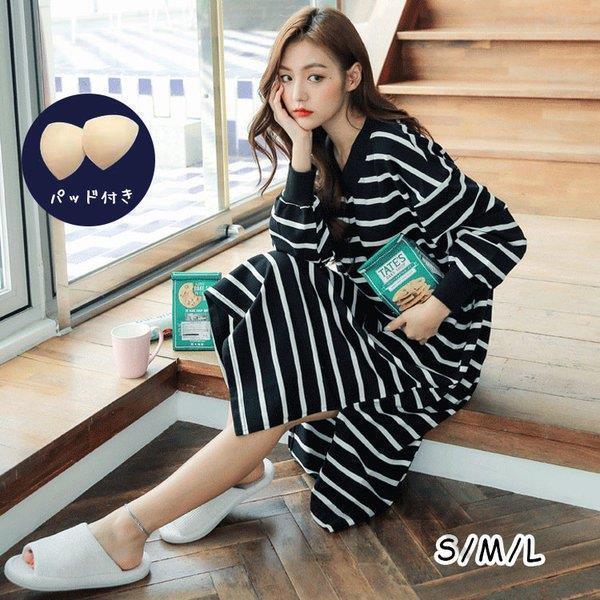 ネグリジェ パジャマ レディース 春 秋 長袖 ボーダー パジャマ 白 黒 ワンピースタイプ Vネック ロング丈 綿 大人 可愛い ルームウェア 寝巻き 部屋着 ゆったり Ss Sya Tfk 通販 Yahoo ショッピング