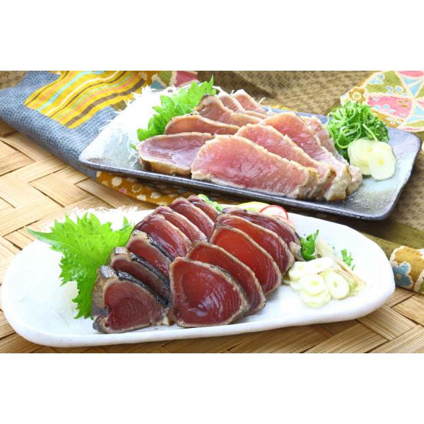 【産地取り寄せ商品】一本釣りの鰹とびんちょうまぐろを藁焼きでたたきにしました。鰹と鮪の食べ比べセットです。内容量：藁焼き鰹たたきブロック3袋(合計約300g)、びんながまぐろたたきブロック3袋(合計約300g)、たれ20ml×6袋、薬味(に...