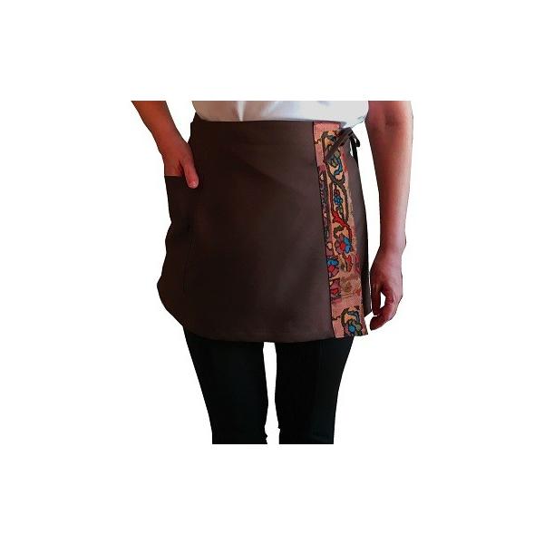エスニック柄　巻きエプロン　Dこげ茶Ｘベージュ　３６ｃｍ丈女性用カフェエプロン