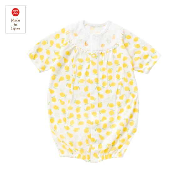 ●サイズ　50-70cm　●カラー　クリーム●素材　　リラックス天竺 洋梨レモン柄●品質　綿100%　●日本製●夏向けの天竺素材です。柔らかく仕上がる特殊な編みかたをしています。●新生児ウエアの定番ドレスオールです。●おむつ替えが頻繁な新生...