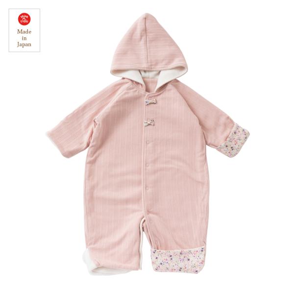 ●カラー　ピンク●素材　　テレコフェイス＆フラワーガーデン●品質　　表地　綿100％、　　　　　裏地　ポリエステル100%●サイズ　50-80cm　●日本製●秋冬向けのあったか素材です。伸縮性のある特殊な編みかたをしています。●股スナップの...