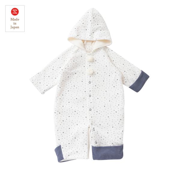 ●サイズ 50-80cm●カラー ホワイト●素材 表地　綿/100%　裏地　ポリエステル/100%●日本製●股スナップの付け替えでおくるみやジャンプスーツとして 使っていただけます。●防寒お出かけ着におすすめです。●出産準備におすすめです。