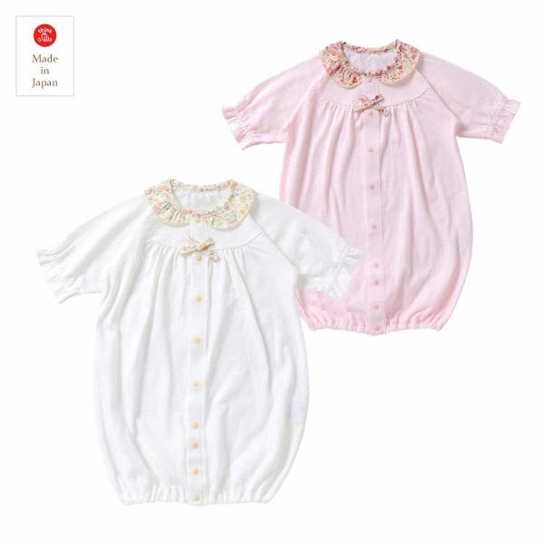 ●サイズ　50-70cm　●カラー　ピンク・ホワイト●素材　　天竺タックジャガード　60S　プチフラワー柄●品質　綿100%　●日本製●春夏向けの天竺素材です。さらりとした肌触りで風を通しやすく乾きやすいのが特徴です。●新生児ウエアの定番ド...