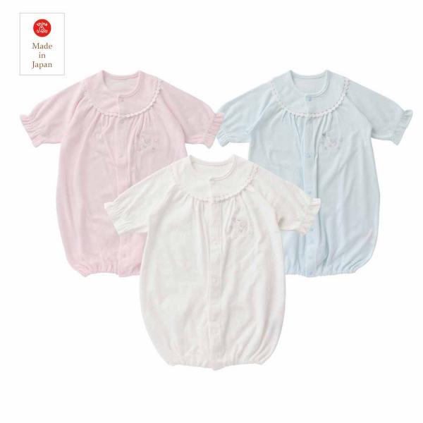 ●サイズ　50-70cm●カラー　ピンク・ホワイト・ブルー●素材　　天竺タックジャガード●品質　綿100%●日本製●春夏向けの天竺素材です。さらりとした肌触りで風を通しやすく乾きやすいのが特徴です。●新生児ウエアの定番ドレスオールです。●お...