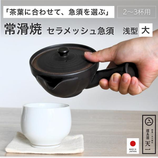 天一印 常滑焼 セラメッシュ急須 浅型 大 2〜3杯用 日本製 お茶 陶器 茶こし不要 おしゃれ 常滑焼急須 煎茶 玉露 fld-19