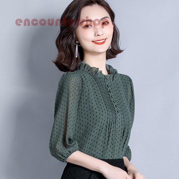 ブラウス レディース 白 オフィス 夏 おしゃれ 半袖 40代 仕事 襟付き フリル トップス シャツ シフォン 水玉 きれいめ 大きいサイズ 着痩せ