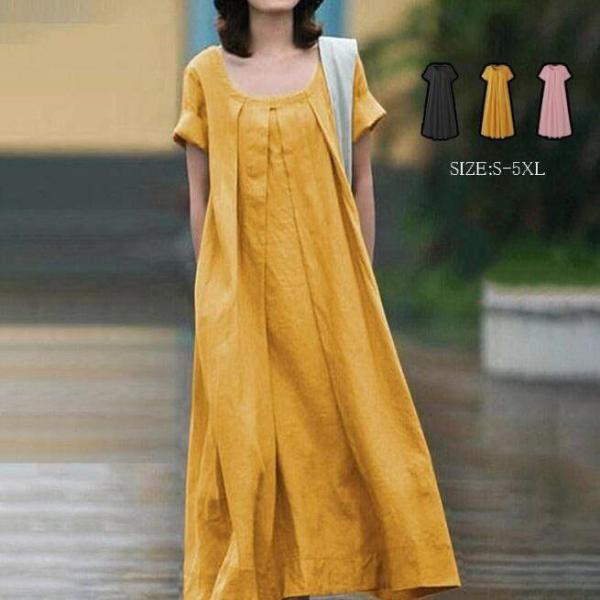 ワンピース フレアワンピ ワンピ Aライン フレア ロングワンピース ロングワンピ レディース ロング丈 Vネック 半袖 無地 ゆったり おしゃれ