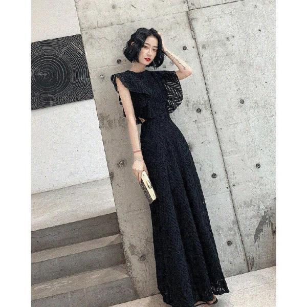 おしゃれパーティードレス ロング 黒 半袖 かっこいい 結婚式 お呼ばれ ドレス ロングドレス 演奏会 発表会 大きいサイズ フォーマル ワンピース