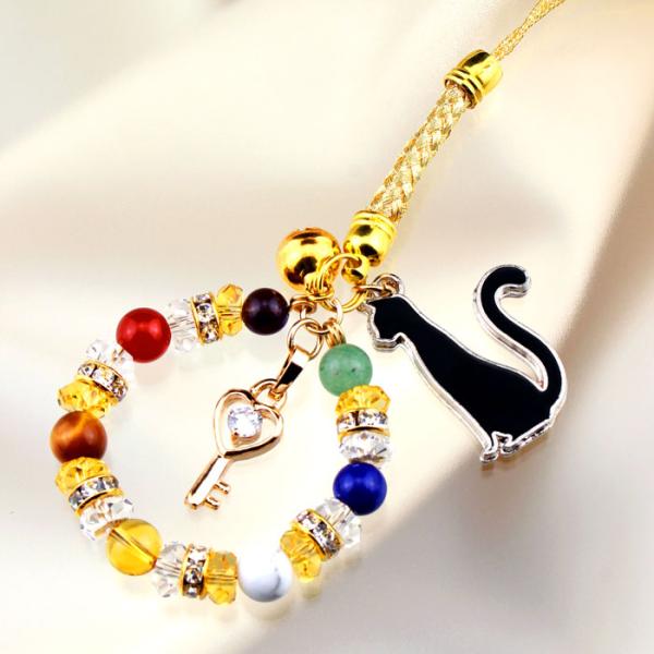 パワーストーン ストラップ 天然石 開運 お守り 水晶 / カギ猫ハッピーストラップ