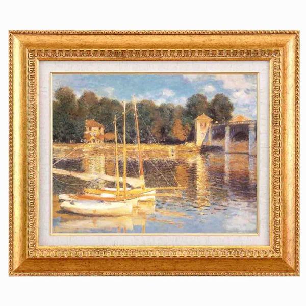 美術品・アンティーク・コレクション 水彩画 ボートと橋 木製フレーム