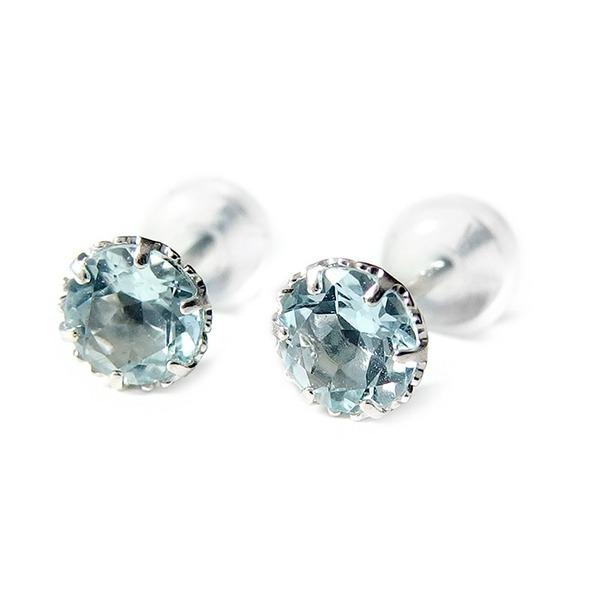 代引不可/ピアス アクアマリン K14 ホワイトゴールド 約4mm シリコン製 