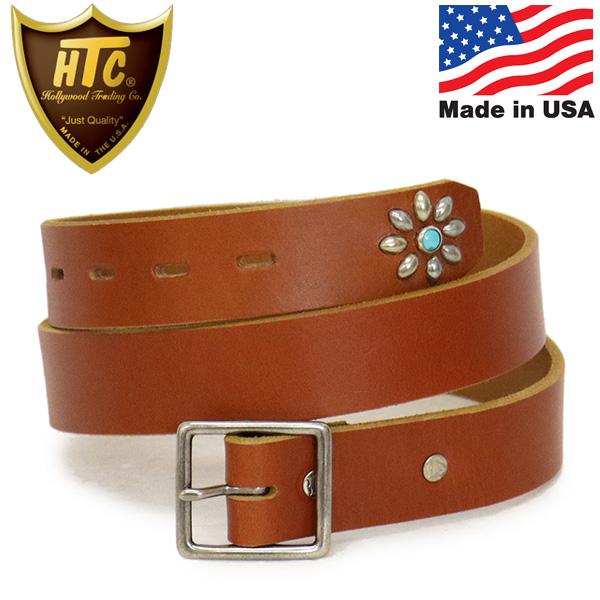 HTC(Hollywood Trading Company) Belt End Only #Flower Turquoise 1.25インチ ベルト ライトブラウンレザーxシルバースタッズxターコイズ