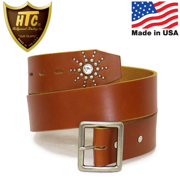 HTC(Hollywood Trading Company) Belt End Only #SB Stone 1.75インチ レザーベルト ライトブラウンレザーxシルバースタッズxクリアストーン