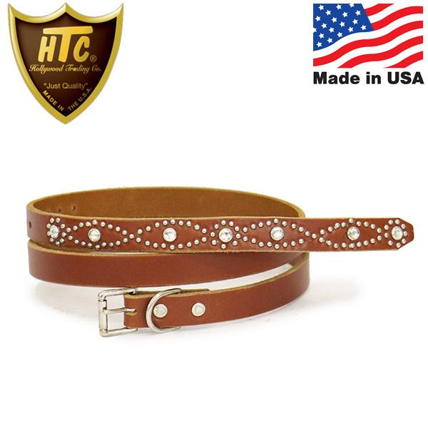 HTC(Hollywood Trading Company) Belt End Only #D-Style Stone 0.75インチ ベルト ライトブラウンレザーxシルバースタッズxクリアストーン