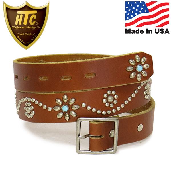 HTC(Hollywood Trading Company) Belt #125 1.25 Turquoise with End 1.25インチ ベルト ライトブラウンレザーxシルバースタッズxターコイズ