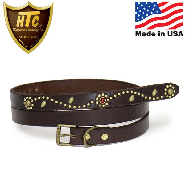 HTC(Hollywood Trading Company) Belt End Only #SN-33 Stone 0.75インチ ベルト ダークブラウンレザーxブラススタッズxレッドストーン
