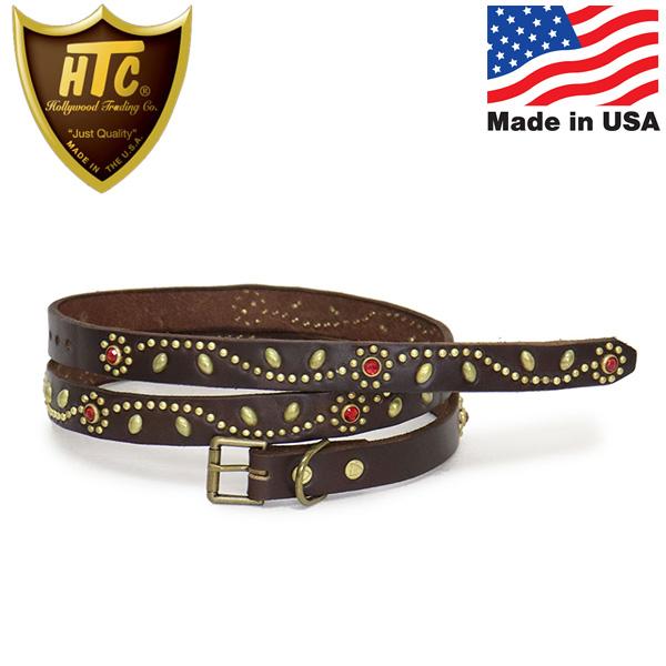 HTC(Hollywood Trading Company) Belt #SN-32 0.75インチ ベルト ダークブラウンレザーxブラススタッズxレッドストーン