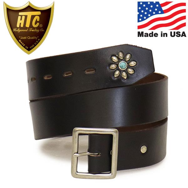 HTC(Hollywood Trading Company) Belt End Only #Flower Turquoise 1.75インチ レザーベルト ブラックレザーxシルバースタッズxターコイズ