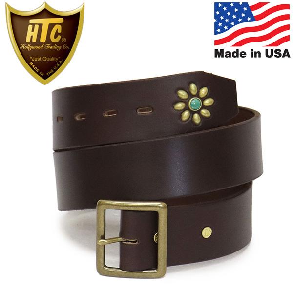 HTC(Hollywood Trading Company) Belt End Only #Flower Turquoise 1.75インチ レザーベルト ダークブラウンレザーxブラススタッズxターコイズ