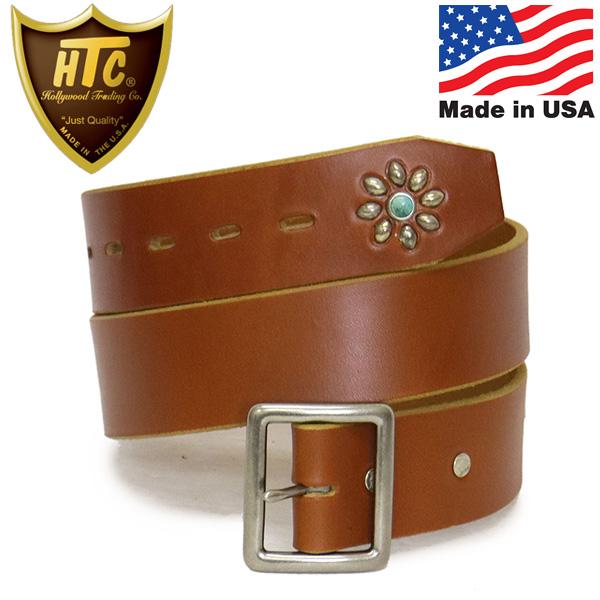 HTC(Hollywood Trading Company) Belt End Only #Flower Turquoise 1.75インチ レザーベルト ライトブラウンレザーxシルバースタッズxターコイズ