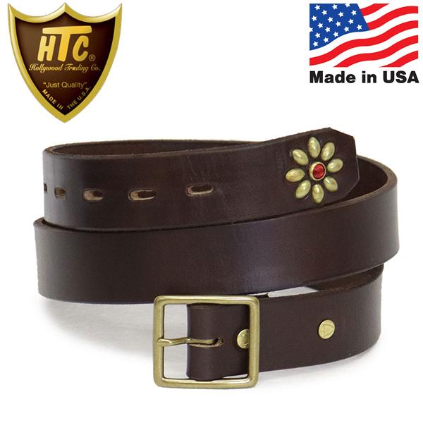 HTC(Hollywood Trading Company) Belt End Only #Flower Stone 1.25インチ ベルト ダークブラウンレザーxブラススタッズxレッドストーン