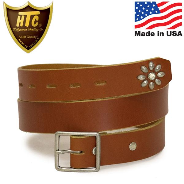 HTC(Hollywood Trading Company) Belt End Only #Flower Stone 1.25インチ ベルト ライトブラウンレザーxシルバースタッズxクリアストーン