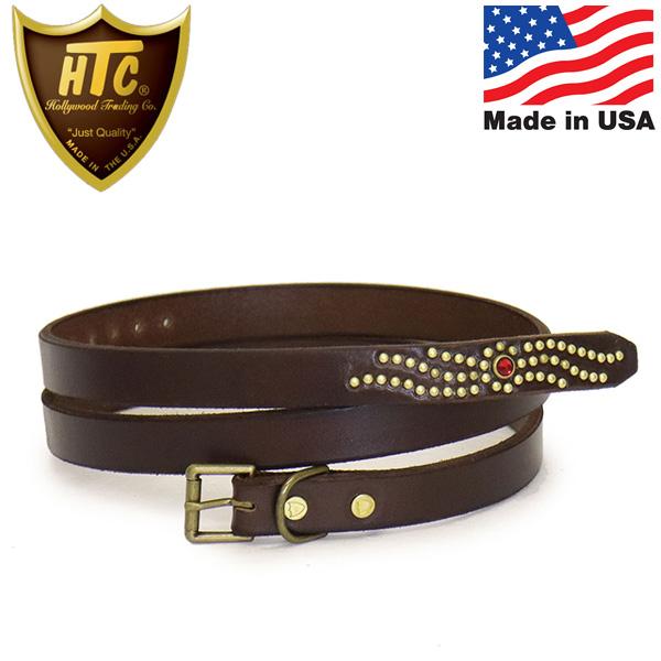 HTC(Hollywood Trading Company) Belt End Only #S-Wind Stone 0.75インチ ベルト ダークブラウンレザーxブラススタッズxレッドストーン