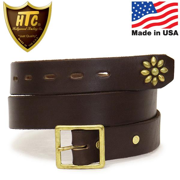 HTC(Hollywood Trading Company) Belt End Only #Flower Studs 1.25インチ ベルト ダークブラウンレザーxブラススタッズ