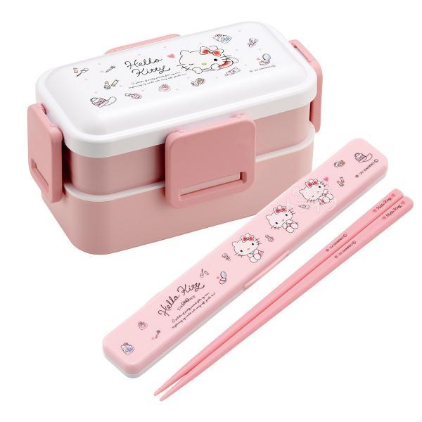 ハローキティ 水彩コスメ 抗菌 4点ロックお弁当箱 2段 箸＆箸箱