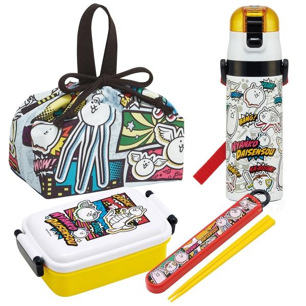 にゃんこ大戦争 抗菌 角型お弁当箱 450ml 箸 箸箱 巾着 プラボトル 480ml セット 代引き手数料無料