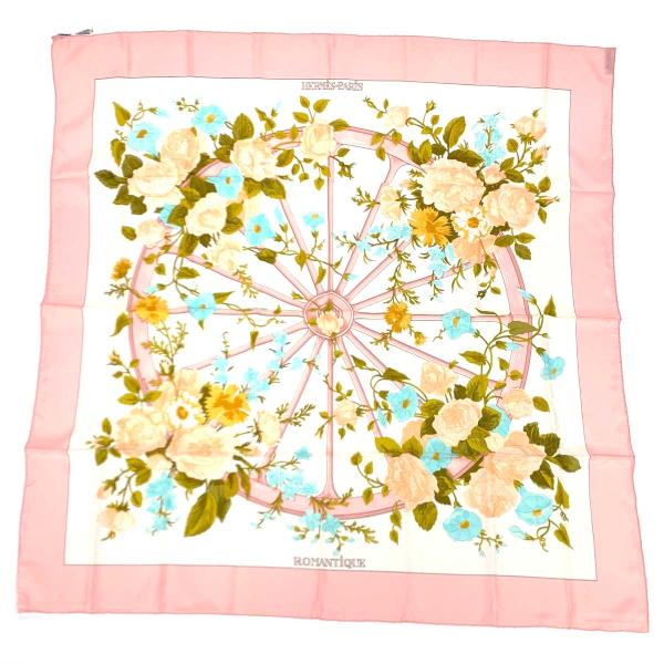 HERMES エルメス カレ90 ROMANTIQUE スカーフ ピンク×ホワイト HERMES エルメス カレ90 ROMANTIQUE スカーフ ピンク×ホワイト