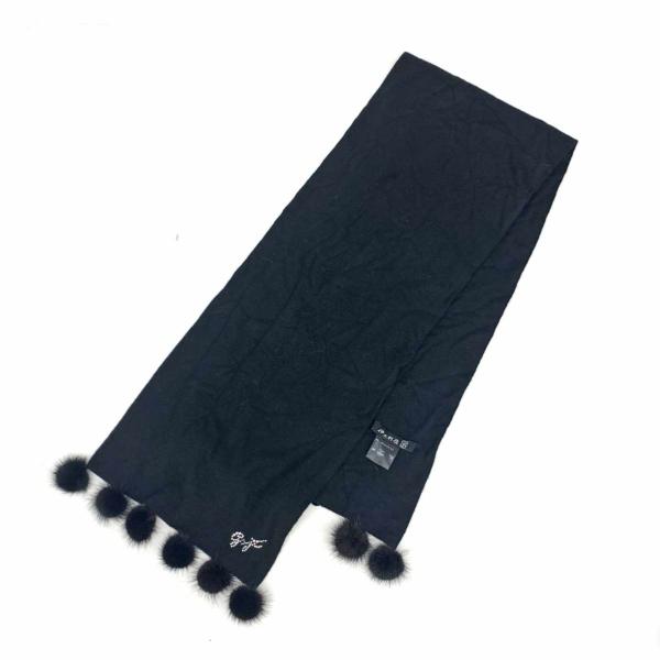 伊太利屋 イタリヤ マフラー 良好 ブラック カシミヤ95％ ミンクファー  