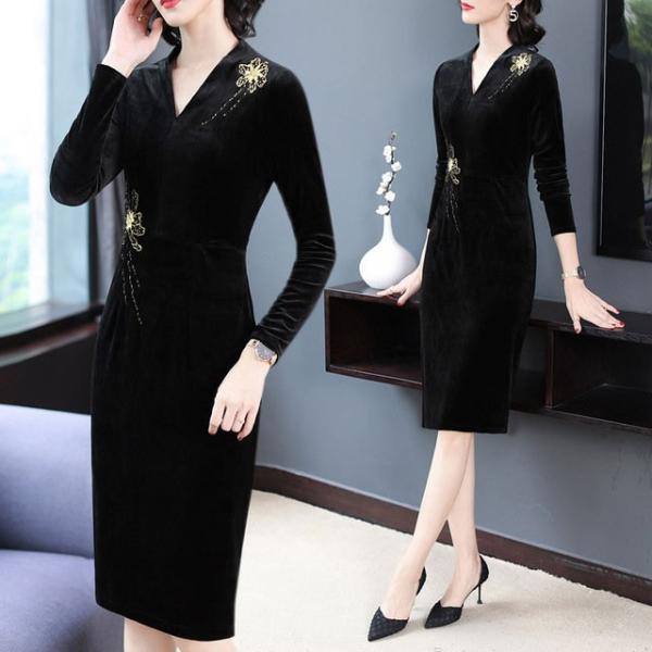 ベルベット ワンピース ベロア Vネック 結婚式 お呼ばれ ドレス 長袖 膝丈 フォーマル パーティー レディース 大きいサイズ 30代 40代 50代 Y ティージービーヤフー店 通販 Yahoo ショッピング