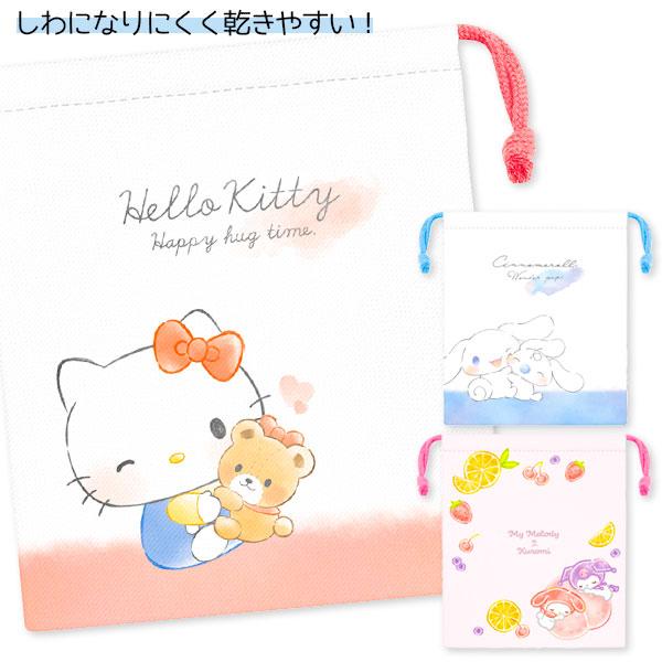 【商品詳細】サンリオキャラクターのかわいいデザインが入ったマチ付き巾着袋です。皺になりにくく乾きやすい素材を使用しているため、お手入れも簡単で衛生的にお使いいただけます。【商品サイズ】約21×18×7cm【主な仕様】1枚1セット｜個包装｜材...