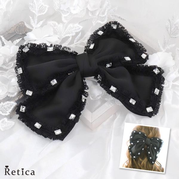 Retica ヘアアクセサリー リボン バレッタ ビジュー ブラック 黒