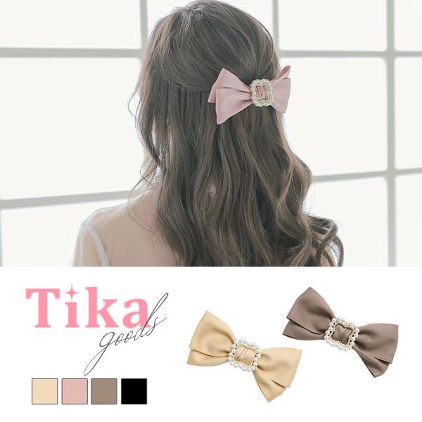 Tika リボン バレッタ パール ヘアクリップ ビジュー ベージュ