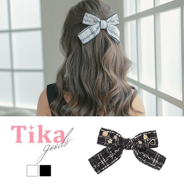 Tika リボン バレッタ ツイード パール ビジュー ホワイト