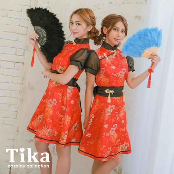 チャイナ コート ファー フード 赤 レッド フレア Aライン コスプレ 衣装 即日発送】【ハロウィン】 スリットミニチャイナ 【コスプレ3点