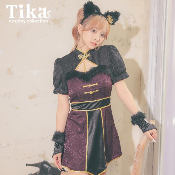 Tika サテンジャガードバストカットチャイナ猫アニマル [3点セット] tika_tk-hw909170