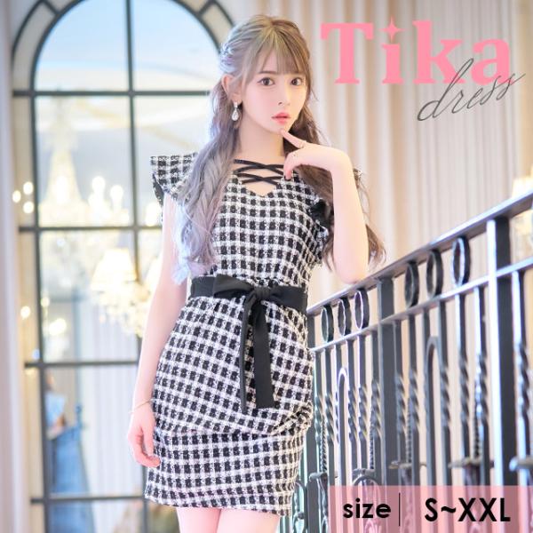tika ホワイト系チェック フリル裾タイトドレス tika ホワイト系チェック フリル裾タイトドレス