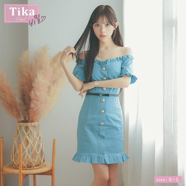 【韓国発】ショルダーリボンタイトミニキャバドレス Tika [TikaPimil] キャバドレス ウエストベルト リボン付き オフ