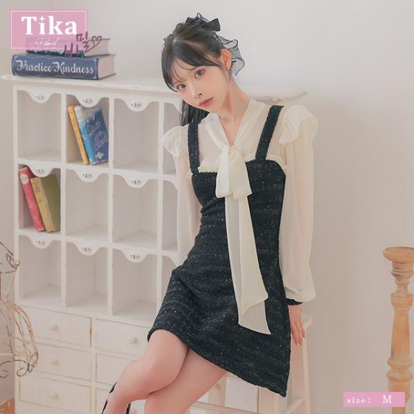Tika [TikaPimil] 韓国 ドレス キャバ リボン ミニワンピ フリル
