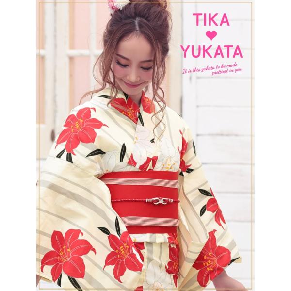 浴衣 セット かわいい浴衣 Tika ティカ 百合 ストライプ 浴衣3点セット 浴衣 平帯or作り帯 下駄 白地 赤 女性用浴衣 レディース浴衣 Buyee Buyee Japanese Proxy Service Buy From Japan Bot Online