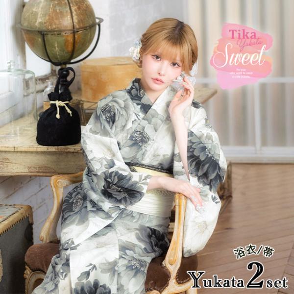 浴衣 レディース 50代 フリーサイズ 牡丹 水彩 ニュアンス ガーリー sweet 黒白モノトーン 白 黒 ブラック 2点セット